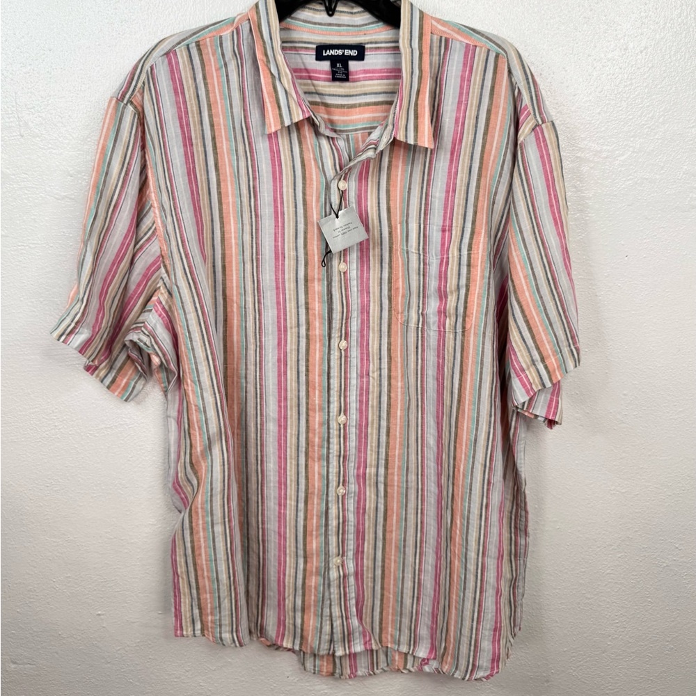 Lands’ End Linen Shirt Mens XL 17-17.5 Multicolor Striped Short Sleeve Button-Up